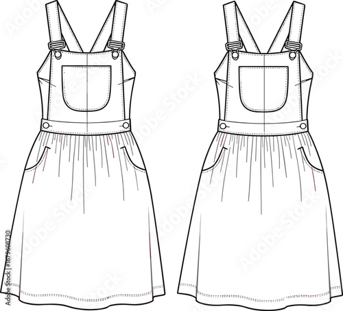 Front and back view vector illustration of girls’ denim pinafore dress, fashion technical flat sketch, adjustable strap design, pocket detail drawing