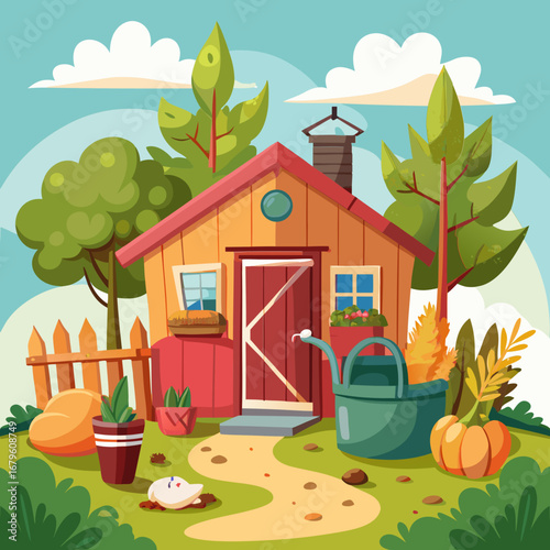 Charming vector cartoon cozy garden shed with autumnal elements and trees