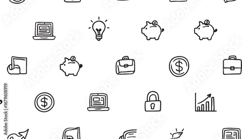 Seamless Pattern of Hand Drawn Business and Finance Icons Representing Strategy Planning and Investment Growth