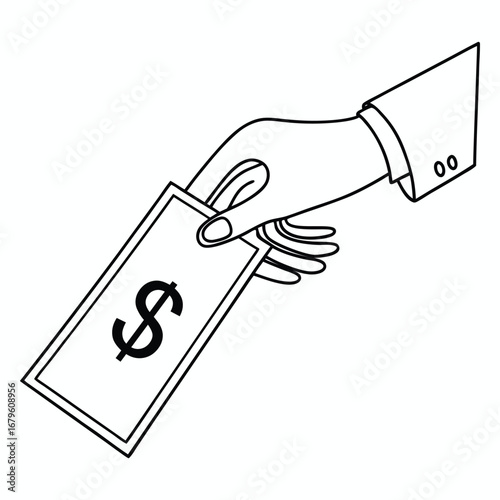 Close up of a person s hand in a suit sleeve holding a dollar bill with a dollar sign
