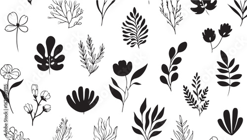 Elegant botanical seamless pattern with hand drawn floral elements in monochrome design a perfect backdrop for creative projects and modern design aesthetics