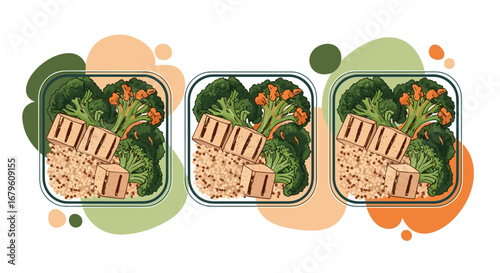 Three meal prep containers with grilled chicken, broccoli, and rice.