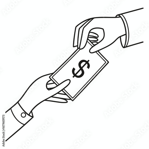 Hand passing a dollar bill with a dollar sign to another hand in a simple line art illustration