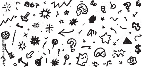 Hand Drawn Doodle Seamless Pattern with Arrows Stars and Question Marks for Creative Backgrounds and Designs