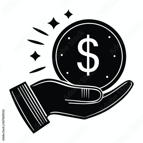 Hand holding a shining dollar coin with sparkling light rays symbolizing financial success and wealth accumulation