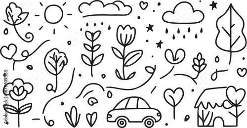 Doodle Pattern Background with Nature Elements like Flowers Trees Sun and a Car for Creative Designs