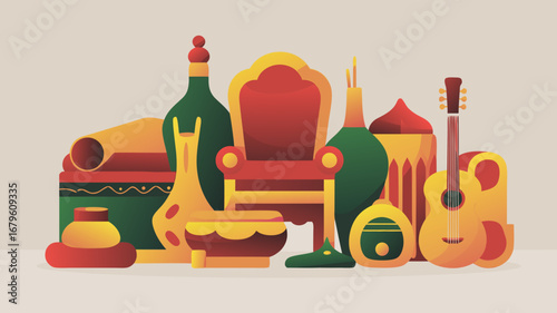 Vibrant vector illustration of opulent cultural artifacts and traditional decor, symbolizing heritage and festivity, ideal for an Indian wedding couple's event