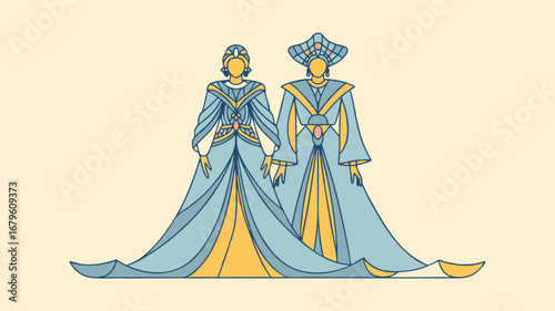A beautifully stylized vector illustration depicting an elegant Indian wedding couple in traditional ceremonial attire, showcasing cultural richness and festive celebration