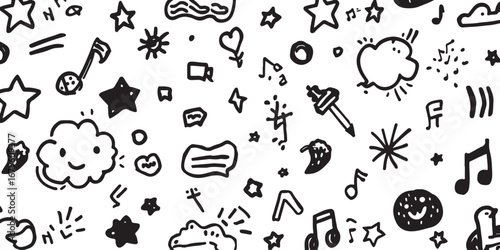 Doodle Art Seamless Pattern Background with Hand Drawn Cartoon Elements Featuring Stars Clouds Music Notes and Smiling Faces for Creative Designs