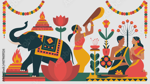 Vibrant Indian wedding couple vector illustration, celebrating cultural traditions with an adorned elephant, ceremonial rituals, and festive decorative elements