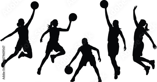 Dynamic female basketball players silhouettes in various action poses, illustrating movement, sports energy, teamwork, and athleticism in black vector style.