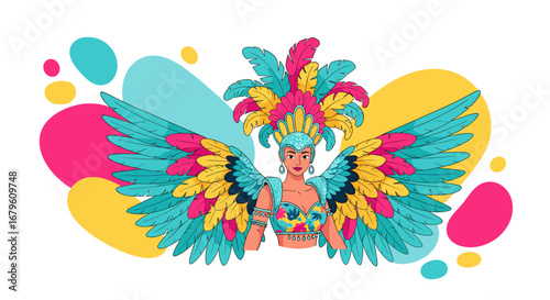 Vibrant Carnival Dancer with Feathered Costume and Wings.