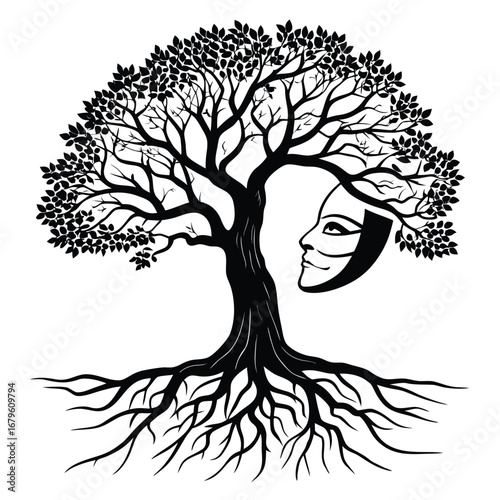 Tree roots holding glowing mask silhouette