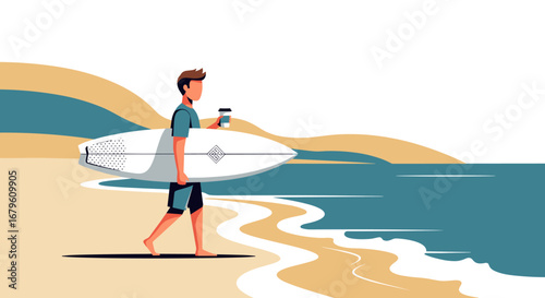 Young man walking on the beach with a surfboard and coffee.