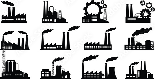 Industrial factory icons, black silhouette vector of manufacturing buildings, power plants, refineries, with chimneys, smoke, gears, and engineering facility illustrations set