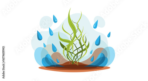 Lush green plant thriving with abundant water droplets and splashes.