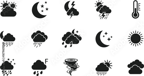 Weather forecast icons, black silhouette vector, storm, rain, sun, cloud, night, temperature, wind, tornado, moon phases, climate symbols set