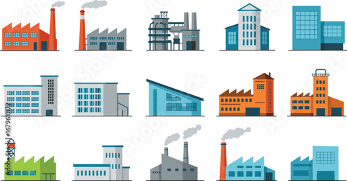 Vector collection of colorful industrial factory buildings, modern manufacturing plants, flat design industry architecture, power and production facility illustration set