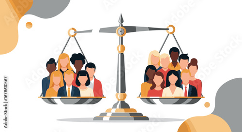 Diverse groups of people on a weighing scale representing equality and social justice.