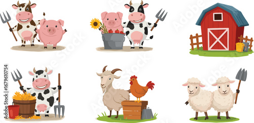 Cute farm animals cartoon illustration featuring cows, pigs, goats, sheep, chicken, and barn with farming tools on white background vector design