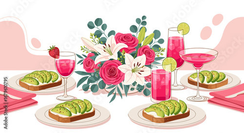 Elegant Brunch Setting with Floral Centerpiece and Refreshing Drinks.