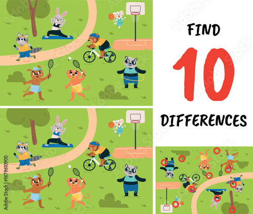 Funny animals sport training in park. Outdoor activities, animal athletes panda bear raccoon dog. Find 10 differences location play, vector illustration