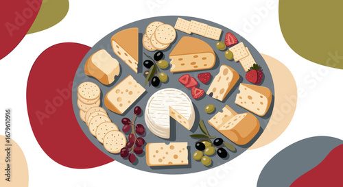 Gourmet Cheese Board with Assorted Cheeses, Fruits, and Crackers.