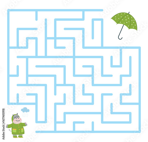 Help hippo find umbrella. Cartoon animal stand under rain cloud, autumn seasonal character in raincoat. Children educational game vector template