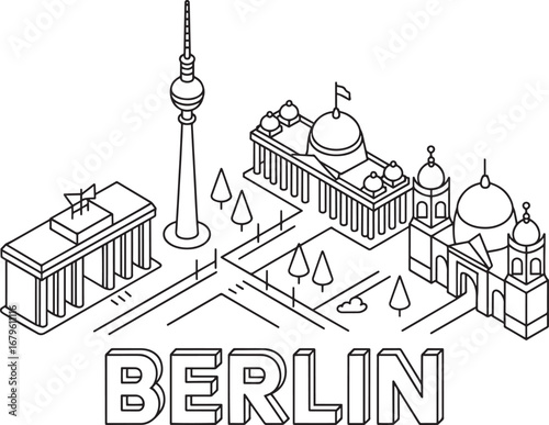 Berlin Skyline Outline Isometric Vector Illustration with Brandenburg Gate and TV Tower
