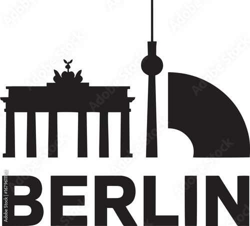 Berlin Skyline Silhouette Vector Illustration Depicting Famous Landmarks and City Name Below