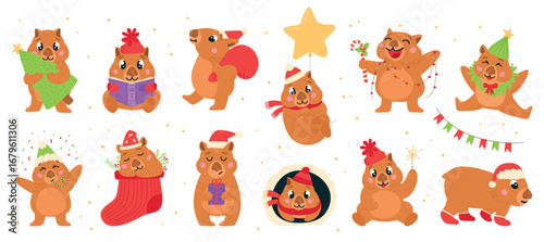 Christmas wombat characters. Cute cartoon wombats wear xmas accessories, hats scarves, santa hat. Winter holiday children mascot, classy vector set