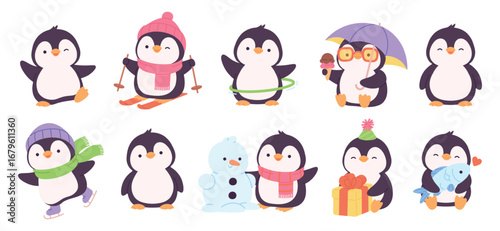 Funny penguins. Tiny cartoon penguin in different poses. Childish mascot, south pole bird skiing, eating ice cream, holding fish, racy vector animal characters