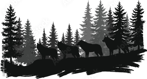 Wolf pack silhouette in forest landscape illustration, vector scene with pine trees, wilderness nature background, perfect for wildlife, outdoor and adventure designs