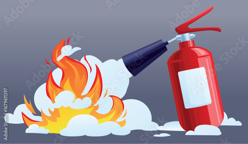 Extinguishing fire with fire extinguisher. Burning flame filled with white foam. Safety, rescue from dangerous situation. Protective equipment nowaday vector background