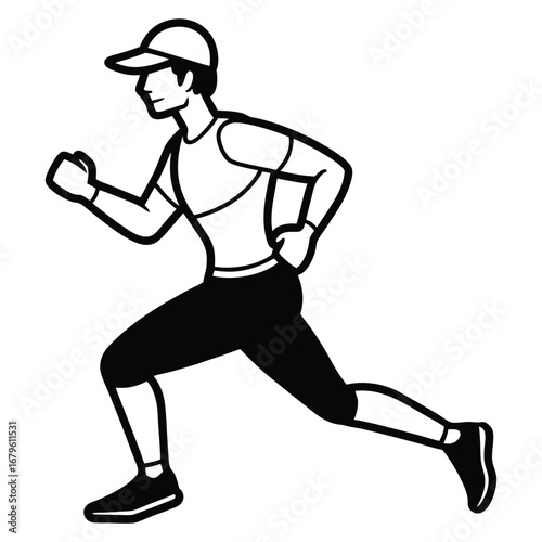 Athletic man wearing a baseball cap and athletic wear running with determination and energy