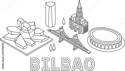 Bilbao Skyline Isometric Vector Illustration with Famous Landmarks and City Name Outline