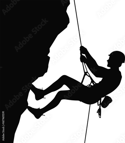 Silhouette of rock climber rappelling down cliff with rope and harness, extreme outdoor sport, adventure activity, mountain climbing vector.