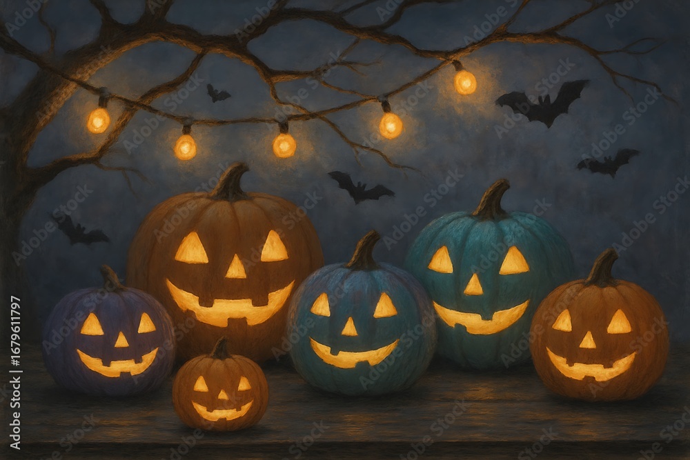 Fototapeta premium Spooky halloween night with glowing jack o lanterns and bat silhouettes