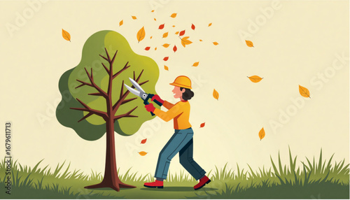 A woman prunes a tree with pruning shears in an autumn landscape, surrounded by falling leaves
