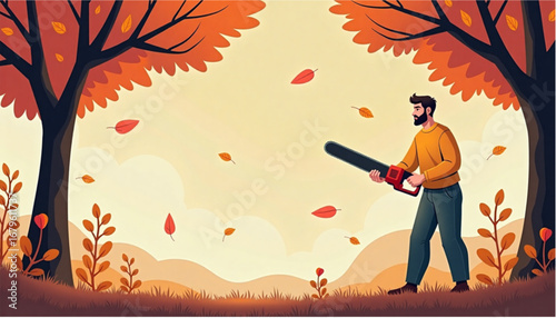 Man using a chainsaw to cut down trees in an autumn landscape with falling leaves

