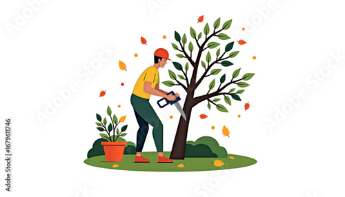 Man cutting a tree with a saw, surrounded by colorful autumn leaves and a potted plant