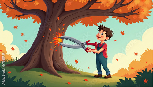Young boy using pruning shears to trim a tree in a vibrant autumn landscape filled with falling leaves

