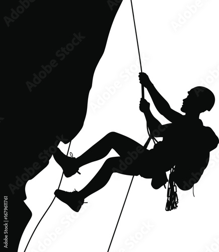 Silhouette of rock climber ascending vertical cliff using rope and gear, adventure mountain climbing vector illustration for outdoor sport concepts.