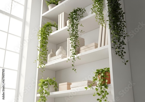 Modern white bookshelf adorned with lush green hanging plants and minimalist decor, creating a fresh and stylish home interior.