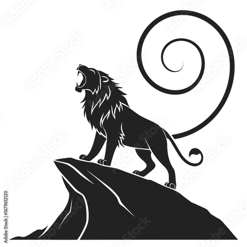 Lion roaring in spiral desert silhouette