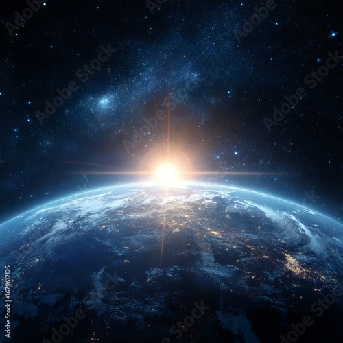 the earth with the sun shining over it, viewed from space. the planet is blue, and the sky around it is black. there are stars in view.