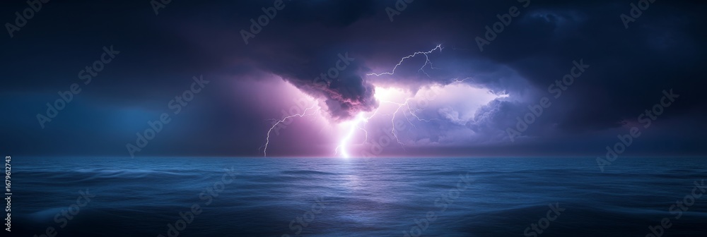 Naklejka premium Dramatic ocean storm with lightning and dark clouds