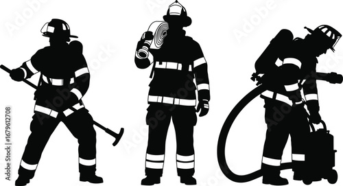 Firefighter vector silhouettes performing emergency tasks with rescue gear, hose, axe, and safety equipment for fire department illustration use.