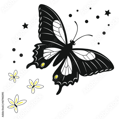 Butterfly wings glowing with neon fireflies silhouette