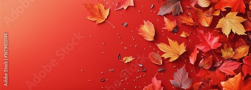Vibrant Fall Leaves Scattered on a Rich Red Background During Autumn Season
